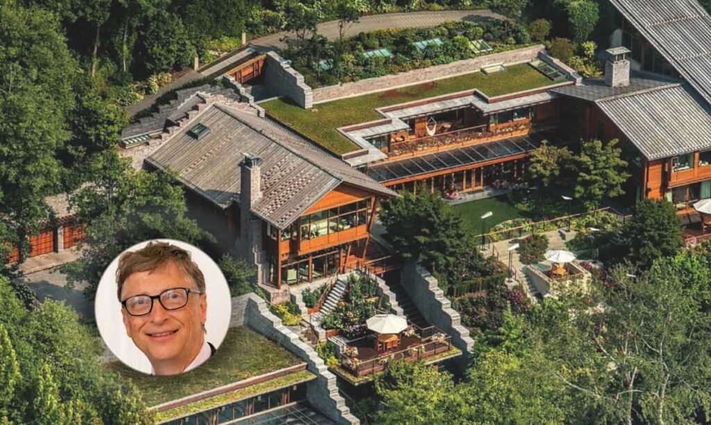 In this image a bill gates pic and the home of Bill gates combine.
